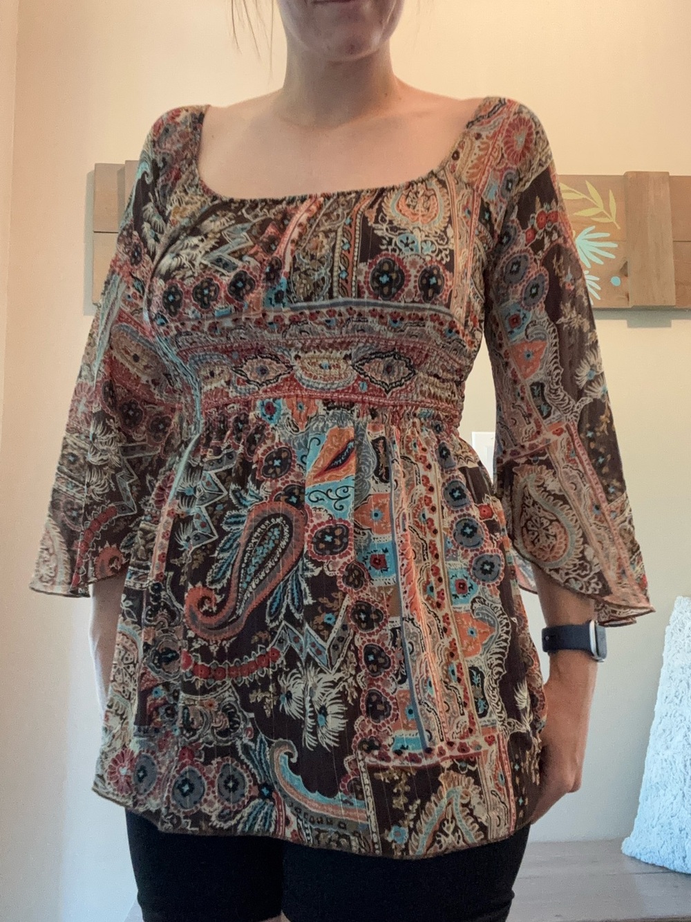 Jordache Multicolor Paisley Smocked-Waist Peasant Top